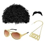 MIVAIUN Hippie Perücken Kostüm Zubehör Set, Funky Afro Perücke Sonnenbrille Halskette...