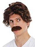 WIG ME UP - 7090-FR33A Perücke Karneval Halloween Herren Schnauzbart 70er Jahre Retro Bulle...
