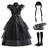 BEMYL Wednesday Kostüm Damen Wednesday Kleid Gotisch Kleid mit Gothic Schmuck Mit Perücke Gürtel...