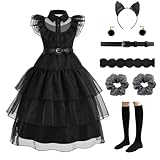 CANBERRIES Halloween Mittwoch Kostüm Mädchen Peter Pan Kragen Midikleid Schwarz Cosplay Kleid...