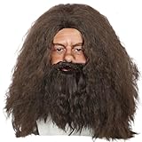 Halloween-Perücke mit Bart langes braunes lockiges Haar für Erwachsene Herren Kostüm Cosplay...