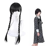 Wednesday Perücke für Kinder,Perücken mit Pony Zopf,Geflochtene Schwarze Zopfperücke,Schwarze...