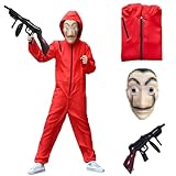 BITOWO Haus Des Geldes Kostüm Kinder Roter Overall 116 122 mit Maske Bankräuber Kostüm Kinder...
