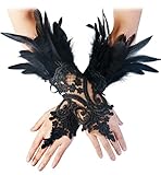 keland Damen Schwarz Feder Spitze Fingerlose Lange Handschuhe für Hochzeit Halloween Maleficent...