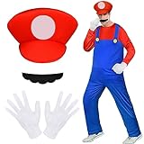 Aomig Kostüm, 4 Stück Luigi Bros Cosplay mit Mütze Hose Bart Handschuhe, Mario und Luigi Kostüm...