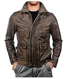 MAXDUD Herren Vintage Indiana Braun Used-Look echtes Rindsleder Jacke Harrison Bomber Lederjacke,...