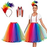 Regenbogen Tüllrock,Tüllrock Damen mit Riemen,Bunt Feder Stirnband,Damen TüLlrock,Regenbogen Rock...