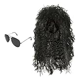 SKHAOVS 2 Stück Schwarzes Rocker Perücke Set 80er Disco Perücke Sonnenbrille Punk Popstar...