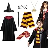 Zauberer Cosplay Kostüm, 7 Pcs Magier Robe für Kinder mit Umhang, Hut, Zauberstab, Krawatte,...