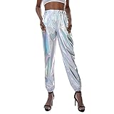 Damen Metallic Hose Glänzend Wetlook Cargohose Sporthose 80er Jahre Kleidung 90er Jahre Outfit...