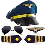 Kostümheld® Pilot Set Kapitän Fasching Karneval für Herren Kostüm mit Schulterklappen Streifen,...