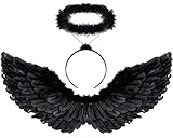 Sunshine smile 60CM Engelsflügel Schwarz mit Heiligenschein,Engel Flügel,Federflügel Engel,Engels...