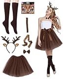ALONK Damen Geweih Kostüm Set, Kaffee Tüllrock + Geweih Haarreif + Lange Socken + Gürtel +...