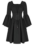 SCARLET DARKNESS Damen Renaissance Kleider Square Neck mit Gürtel Langarm Midi Kleid Festlich...
