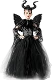 LCXYYY Mädchen Maleficent Kostüm mit Flügel, Schwarz Long Mesh Tüll Dornröschen Hexe Festkleid...
