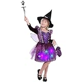 Azptan Hexenkostüm Mädchen mit Lichter, Kinder Hexenkostüm Zauberer verkleiden Cosplay Kostüm...