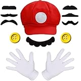 iZoeL Mario Luigi Kostüm Accessories Mütze Hut Handschuhe Bart gelbe Knöpfe Faschingkostüme für...