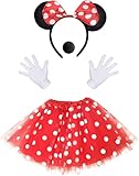 iZoeL Damen Maus Mouse Kostüm Rot Tutu mit weiß Gepunktet + Haarreifen mit Maus Ohren + Handschuhe...