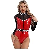 dPois Damen Rennfahrerin Kostüm Sexy Boxenluder Kostüm Einteiler Bodysuit Langarm Lackleder Body...