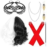 Cruella Kostüm Damen Accessoires, Cruella Perücke Schwarz Weiß mit Pony, Damen Spitze Maske,...