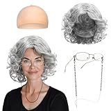 FUIPVGI Oma Kostüm Kittelschürze damen graues Oma Perücken Set mit Oma Perücke, Brille und...