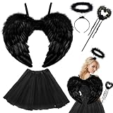 Engel Kostüm Damen Schwarz, TUTU-Rock, Engel Flüge, Heiligenschein und Zauberstab, Engelsflügel...