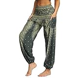 Nuofengkudu Damen Hippie Hosen mit Taschen Haremshosen Leichte Boho Muster Bunt High Waist Yogahosen...