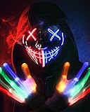 Horror Halloween Maske Totenkopf Handschuhe Kostüm Herren, LED Maske leuchten 6 Modi LED...