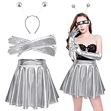 3pcs Alien Kostüm Set Cosplay Metallic Glitzer Outfits Damen Metallischer Faltenrock + Alien...