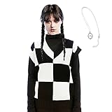 Handmade Wednesday V-Neck Sweater Black and White Hand Knitted Knit Sweater Vest Sleeveless Preppy...