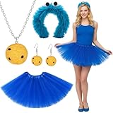 DvBCNMe 4 Stück Krümelmonster Kostüm Damen, Tüllrock Blau, Krümelmonster Haarreif, Keks...