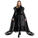 keland Schwarzer Tüll Umhang Lang mit Federkragen Feder Cape Halloween Maleficent Accessoires...