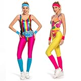 YANVS 80er Jahre Fitness Kostüm Damen 6 Stück Set Bunt Jumpsuit Vintage Aerobic Kleidung Yoga...