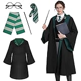 AOOWU Magier Robe, 5-teiliges Zauberer Robe für Erwachsene, Green Magier Umhang Outfit Set mit...