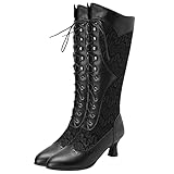 COOLCEPT Damen Vintage Viktorianische Stiefel Schnüren Kniehoch Stiefel Almond Toe Black Große 39