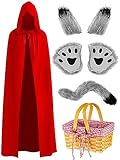 Hestya 5 Stück Halloween Paar Kostüm Wolf Kostüm mit Wolfsschwanz Clip Ohren Handschuhe Set Roter...