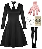 Mrsclaus Halloween Kostüm Set für addams Family mit Thing Hand Kniestrümpfe Schwarz Kleid Damen...