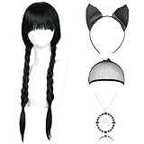 Wednesday Perücke 4 Stück, Perücke Schwarz mit Halskette und Stirnband, Geflochtene Lange...