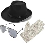 Dreamzfit - Erwachsene Männer Michael Jackson Hut Pailletten Handschuh & Flieger Shades Set - Pop...