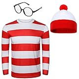 NUWIND Herren Rot-weiß gestreiftes T-Shirt Kit mit Brille & Bommelmütze Walter Kostüm Halloween...
