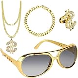 4 Stück Dollar Kette Set, Dollar Zeichen Halskette Ringe Sonnenbrille Goldkette Set, Hip Hop...