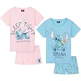 Disney Stitch Schlafanzug Damen Kurz, Sommer Pyjama 2er-Pack - Stitch Sachen (Rosa/Blau, S)