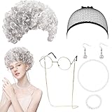 YOUYIKE 7 Stück Oma Perücke Kostüm Accessoire Set, Oma Brille mit Perlen Armband Perlenkette,...
