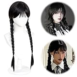 Perücke Doppelt Geflochten Perücken Schwarz für Damen Mädchen Pony Zopf Perücke Doppeltem...