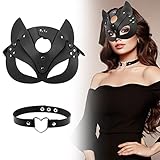 Catwoman Maske Und Choker-Set, Katze Maske Leder Maske Katzenmaske Maske Damen Schwarze PU...