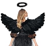 EngelsflüGel Schwarz,60cm Engel KostüM Damen Mit Heiligenschein Und ,Engel KostüM Damen,Engels...