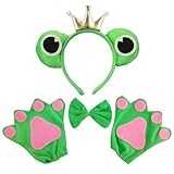 Frosch Haarreifen Krone Set mit Fliege, Frosch-Handschuhe, Fasching Kopfbedeckung mit Froschaugen...
