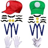 Umllpet Super Mar Kostüm, Mario und Luigi Kostüm Accessories mit Kappen Schnurrbärte Handschuhe...