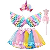 AOUVT 4 Pcs Regenbogen Einhorn Kostüm Kinder, Prinzessinnenkleid für Kinder, Einhorn Cosplay Set,...