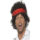 Smiffys Herren Lockige Perücke mit Stirnband, 80er Tennis Star, Schwarz, One Size, 42115
